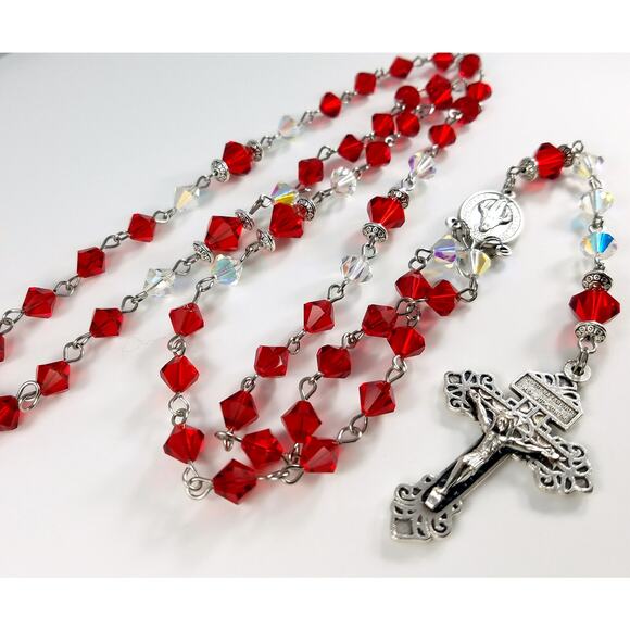Vintage Red Clear Crystal Rosary, Pardon Crucifix, Hand Wire Wrapped - Picture 8 of 10